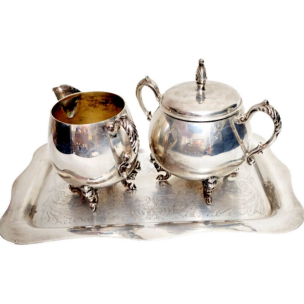 Vintage Silverplate Sheridan Cream & Sugar with  Silver over Copper Tray